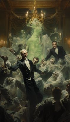 a man in a tuxedo is surrounded by zombies