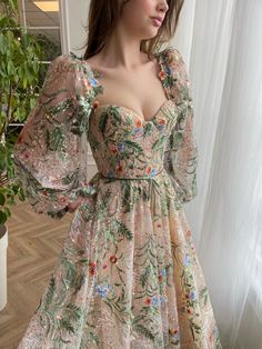 Whispering Forest Train Gown | Teuta Matoshi Lace Prom Gown, Teuta Matoshi, Fantasy Dresses, Embroidered Lace Fabric, Dream Dresses, Custom Size Dresses, Fairytale Dress, Embroidery Lace, Floor Length Dresses