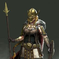 a woman dressed in armor and holding a spear