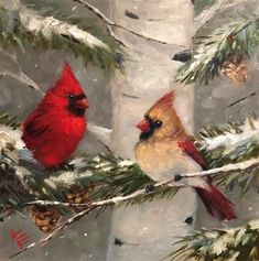 two red birds perched on top of a pine tree next to snow covered branches and cones