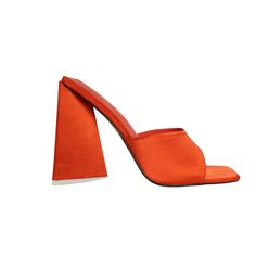 •Satin Orange •Lightly padded insoles •Block heel | pyramid shaped detail •Open Square toe •True to size •Heel Aprox. 3.5 Latest Shoe Trends, Shoe Trends, Party Inspo, Black Wedges, Platform Boots, Chunky Heels, Trend Setter, Trending Shoes, Lemonade