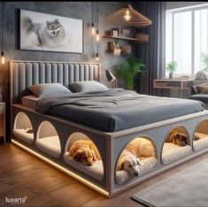 two dogs are sleeping in the bed with their beds made out of concrete and wood