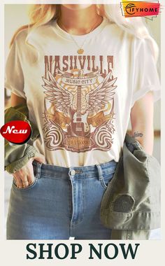 Khaki Music City Guitar Graphic Print T Shirt Spring Band Logo Graphic Tee, Band Logo T-shirt For Fall Concert, Fall Concert T-shirt With Band Logo, Spring Music-themed T-shirt For Music Festival, Fall Music-themed Graphic Print T-shirt, Spring Music-themed Crew Neck T-shirt, Fall Rock And Roll Style T-shirt With Graphic Print, White T-shirt For Concerts In Fall, White T-shirt For Fall Concert