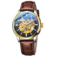 Men's Watch Pure Mechanical Watch - Trendha Brown Elegant Watch With Skeleton Dial, Elegant Brown Watch Accessories With Skeleton Dial, Brown Stainless Steel Quartz Watch, Fashion Movement, Mirror Material, Premium Watches, Kinetic Energy, Belt Gold, Female Style