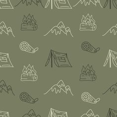 an image of camping related items on a green background seamless wallpaper with hand drawn campers and tents