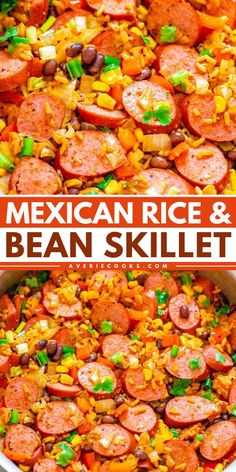 mexican rice and bean skillet in a pan with the title overlay reading mexican rice and bean skillet