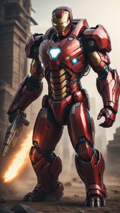 an iron man standing in the middle of a desert with fire coming out of his chest