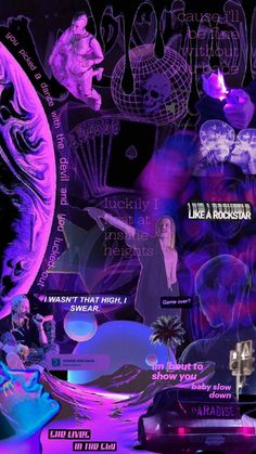 a collage of various images with purple and blue hues, including an image of a woman's face