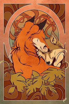 an orange and brown poster with two foxes