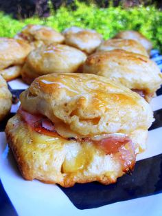 ham and cheese pastries on a plate with grass in the backgroung