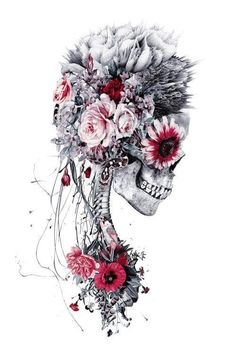 a drawing of a skull with flowers on its head