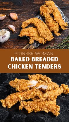 chicken tenders on a wooden table with text overlay