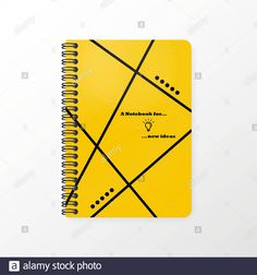 a spiral notebook with yellow cover and black lines on the page, mock up for an advertisement