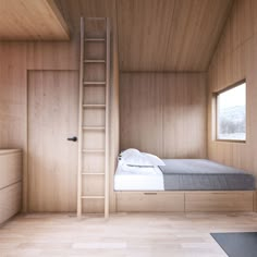 a bedroom with wooden walls and flooring has a ladder leading to the top bed