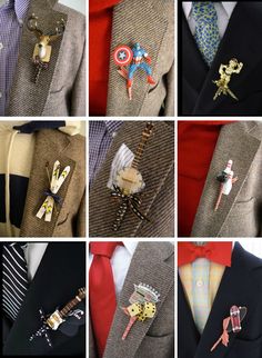 many different types of boutonnieres are shown in this collage, including one man's suit and tie