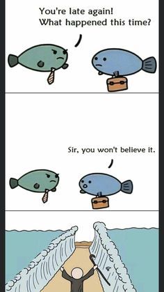 a comic strip with an image of a man standing in front of two fish