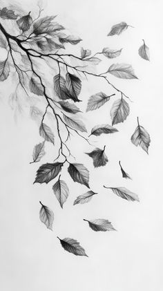 a drawing of leaves flying in the air