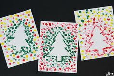 three handmade christmas cards with dots and trees on them