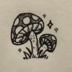 an ink drawing of a mushroom with stars on it's back and in the background