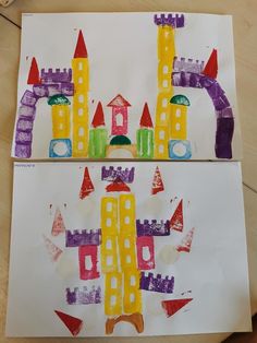 two pictures of castle made out of paper