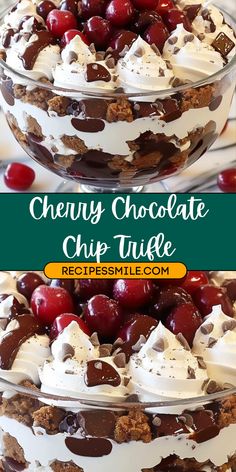 two desserts with cherries and whipped cream on top are stacked in glass bowls