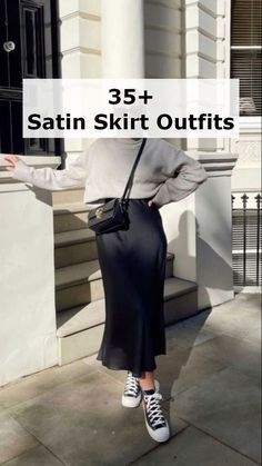 Black Silk Skirt Outfit, Silk Skirt Outfit, Fashionista Outfits, Black Satin Skirt