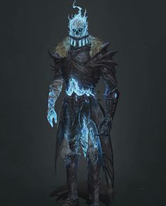 an image of a creature with blue lights on it's face and arms, standing in