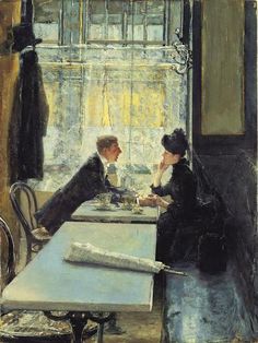 a painting of two people sitting at a table