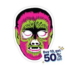 a sticker with the words buy 10 get 50 % off and an image of a demon