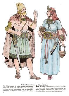 two people dressed in ancient clothing talking to each other, one holding a basket and the other pointing at something