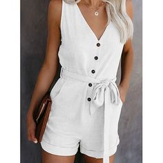 Season:Summer; Fabric:Cotton Blend; Sleeve Length:Sleeveless; Look After Me:Machine wash,Hand wash; Gender:Women's; Style:Casual,Streetwear; Elasticity:Micro-elastic; Occasion:Street,Daily,Going out,Weekend; Fit Type:Regular Fit; Pattern:Solid Color; Design:Pocket,Buttons,Lace up; Neckline:V Neck; Special Size:Normal; Jumpsuit Type:Romper,Playsuit; Front page:FF; Listing Date:03/29/2024; Production mode:External procurement; Bust:; Hips:; Length:; Waist:; Fit US Size:null; Fit UK Size:null; Fit Jumpsuit Casual, Peplum Tops, Solid Color Jumpsuits, Bow Shorts, Jumpsuit Outfit, Woman Weaving, Sleeveless Rompers, Sleeveless Jumpsuits, Outfit Casual