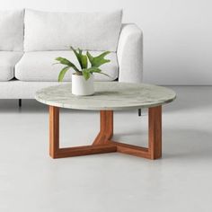 a white couch sitting next to a table with a potted plant on it