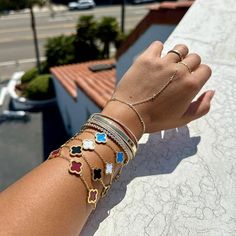 🍀LUCKY CLOVER BRACELET COMBO PACK: This 4 PCS bracelet set features the iconic four-leaf clover design, symbolizing luck, love, health, and prosperity. Each bracelet is crafted with 18K gold plating, offering a beautiful and lasting finish in vibrant White, Black, Blue, and Red colors. 🍀ADJUSTABLE SIZE: Designed to fit most wrist sizes, each bracelet comes with a 6.41" base length and a 1.9" extension chain, ensuring a comfortable and secure fit for everyone. The adjustable extension chain allows you to customize the length to your preference. 🍀HIGH-QUALITY MATERIAL: Made from premium stainless steel with 18K gold plating, these bracelets are designed to last. They are resistant to fading, maintaining their shine and color over time, so you can enjoy wearing them daily without worry. 🍀 Bracelet Combo, Clover Design, Clover Bracelet, Stylish Bracelet, Lucky Clover, Wristbands, Leaf Clover, Four Leaf Clover, Dainty Jewelry