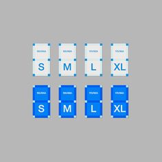 four different types of blue and white labels on a gray background with the letters sml