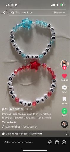 two bracelets with words and stars on them