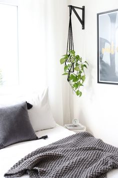 a bed with white sheets and pillows in a room next to a plant on the wall