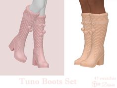 two pairs of pink boots with bows on the side and one pair of beige boots with bows