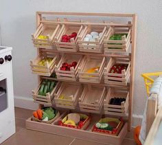 a wooden shelf filled with lots of different types of food