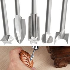 PRICES MAY VARY. Carving Bits Set: Five shapes of wood carving tools for most carving needs. Fine detailing with triple-edge carving bits. Smooth flattens rough wood with bottom knife. Effortless carve rounds with bead knife. Curves with ease using round ball sword. Smooth lines defined by five-star knife Practical Tools: These 5 kind of carving bits can be used in conjunction for detailing and finishing tasks, such as engraving intricate floral patterns, eye socket detailing, adding texture to Star Knife, Drawing Lines, Wood Drill Bits, Dremel Rotary Tool, Rough Wood, Rotary Tools, Wood Carving Tools, Drilling Holes, Carving Tools