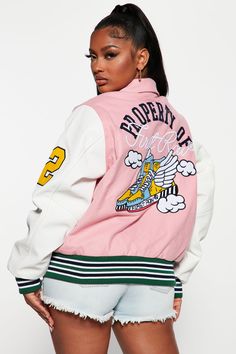 Available In Pink. Varsity Jacket Faux Wool Contrast Leather Sleeves Patchwork Detail Snap Button Front Closure Quilted Lining Pockets Oversize Fit Disclaimer: Patch Placement Will Vary Body: 50% Wool 50% Polyester Lining: 100% Polyester Sleeve: 100% Polyurethane Filling: 100% Polyester Imported | Own It Varsity Jacket in Pink size Small by Fashion Nova Pink Varsity Jacket, Leather Sleeves, Letterman Jacket, Own It, Leather Sleeve, Pink Fashion, Snap Button