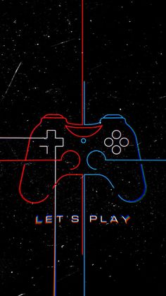 a video game controller with the words let's play in red, blue and black