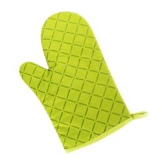 a green oven mitt on a white background