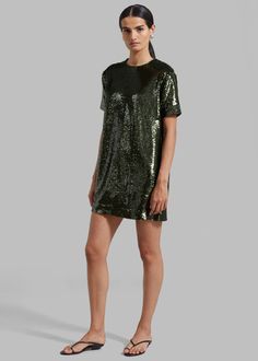 Riley Sequins Tee Mini Dress - Olive Sequin Tshirt Dress, Sequin Tshirt, Party Edit, Long Sleeve Collared Dress, Sequin Tee, The Frankie Shop, Style 2023, Frankie Shop, Mini Cami Dress