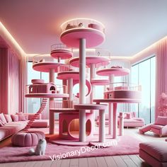 a pink living room filled with furniture and lots of round objects in the center of the room