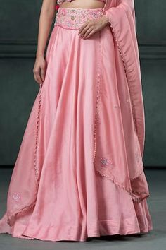 Pink attached lehenga with a floral embroidered waistline. Paired with a padded floral cutwork blouse and dupatta. - Aza Fashions Pearl Lehenga, Floral Cutwork, Lehenga And Blouse, Cutwork Blouse, Blouse Silk, Pink Lehenga, Floral Set, Set Women, Pink Pearl