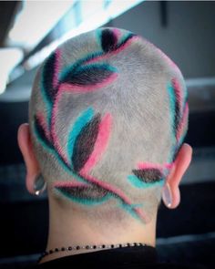 Shaved Hair Color Designs, Bald Hair Designs, Shaved Head Pattern Dye, Buzzcut With Designs, Buzz Cut Hair Dye, Buzzed Head Dye Designs, Men’s Dyed Buzzcut