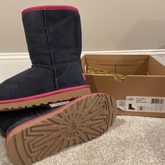 Never Worn Blue And Pink Ugg Boots Size 5 Pink Round Toe Boots, Casual Pink Slip-on Boots, Casual Pink Boots With Rubber Sole, Chocolate Brown Boots, Pink Ugg Boots, Ugg Rain Boots, Pink Uggs, Ugg Classic Tall, Black Ugg Boots