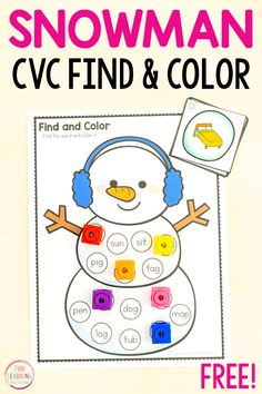 snowman cvc find and color printable worksheet for kids to practice letter recognition