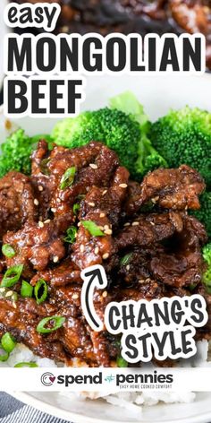 a plate with beef and broccoli on it in front of the words, easy mongolian beef change's style