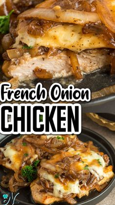 french onion chicken with cheese and broccoli in a skillet on the side